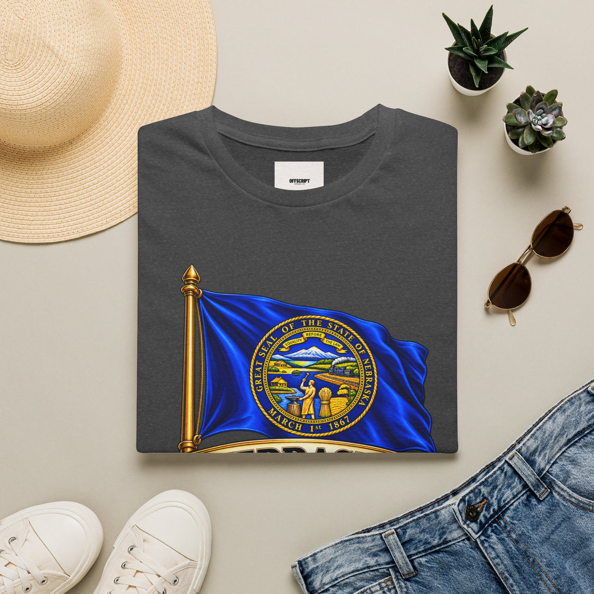 Nebraska Flag T-Shirt — State Seal ‘Nebraska: Equality Before the Law’