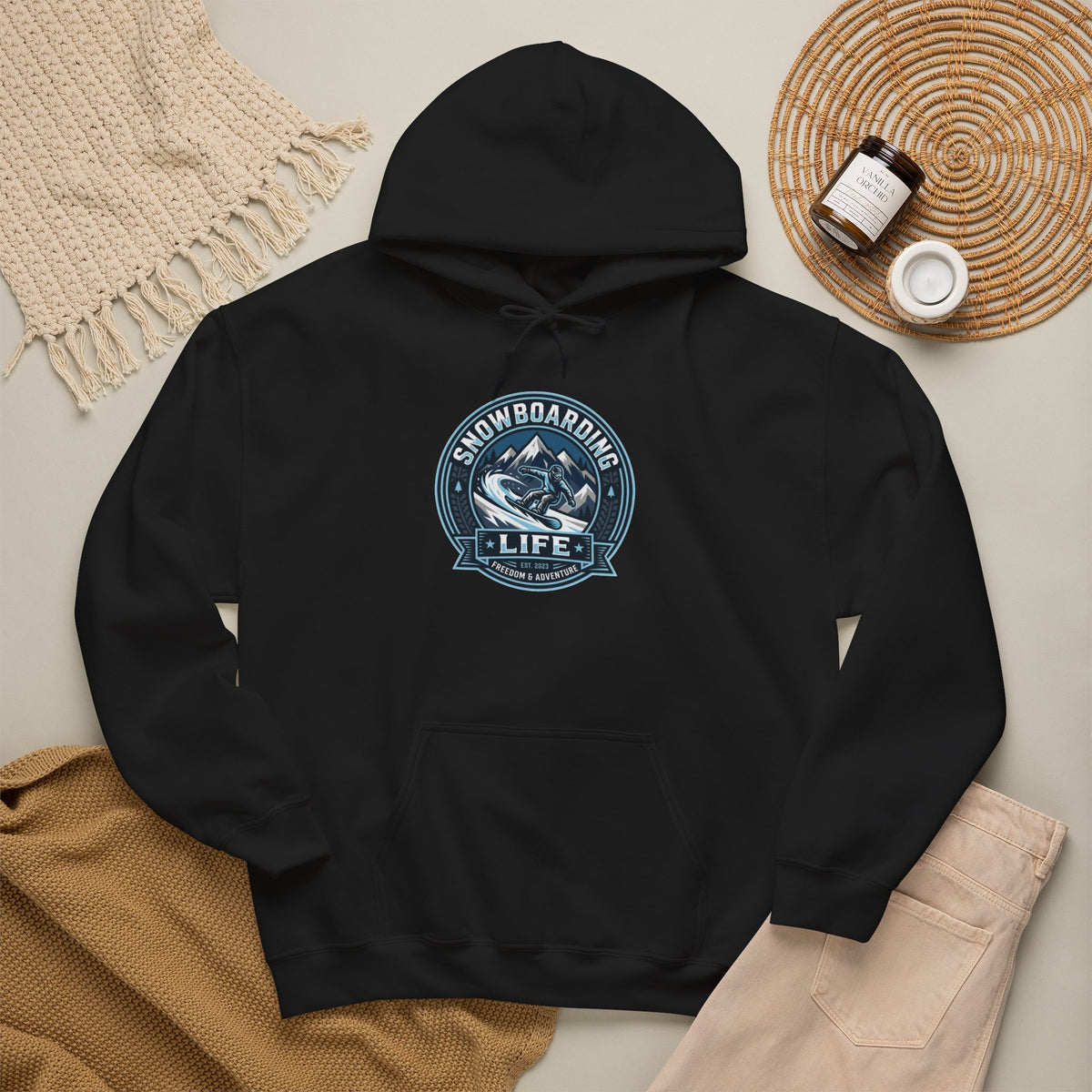 Snowboarding Hoodie – "Snowboarding Life" Graphic Pullover with Backboarder Illustration