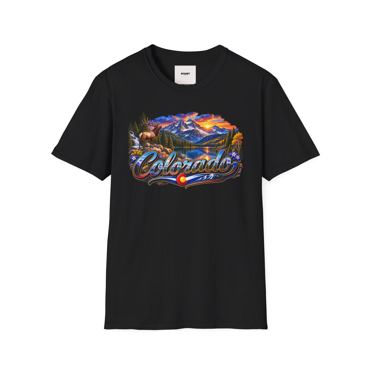 Colorado Scenic T‑Shirt — Mountain Sunset Landscape with Elk and State Script