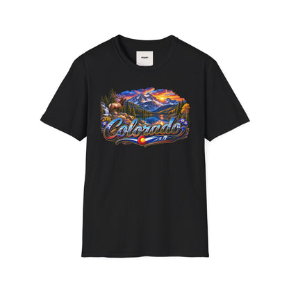 Colorado Scenic T‑Shirt — Mountain Sunset Landscape with Elk and State Script
