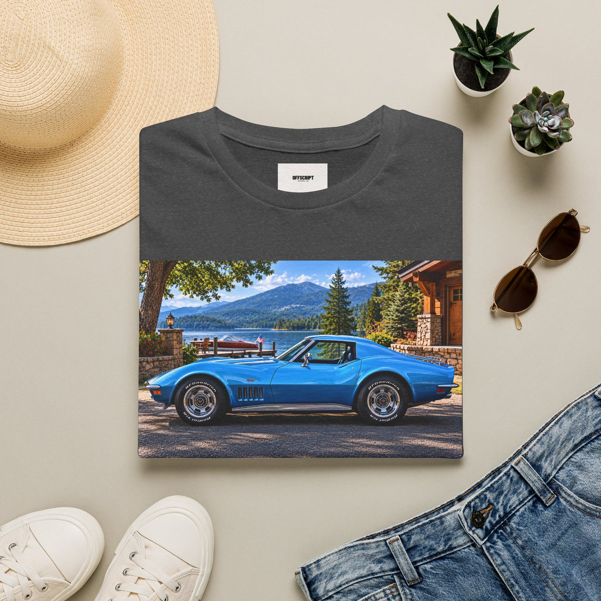 1968 Chevrolet Corvette Stingray Graphic T‑Shirt — Blue Classic Car Lakefront Print