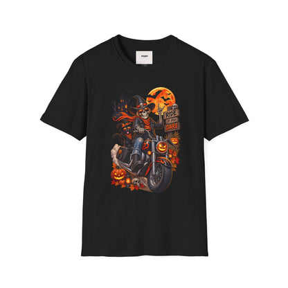 Halloween Biker Skeleton T-Shirt — "Ride If You Dare" Spooky Motorcycle Tee