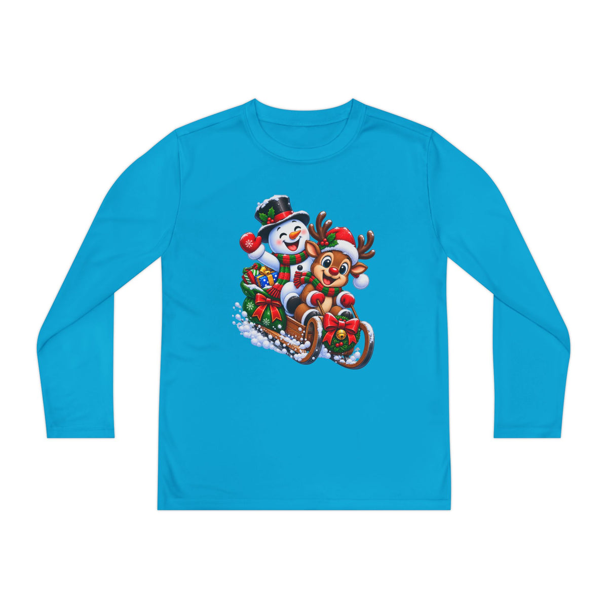 Kids' Christmas Sledding Tee — Snowman & Reindeer Holiday Long Sleeve