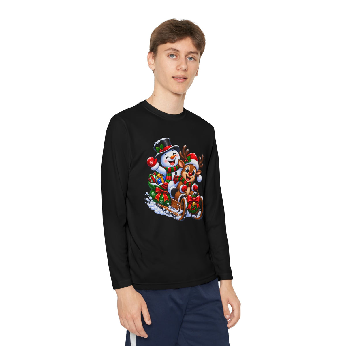 Kids' Christmas Sledding Tee — Snowman & Reindeer Holiday Long Sleeve