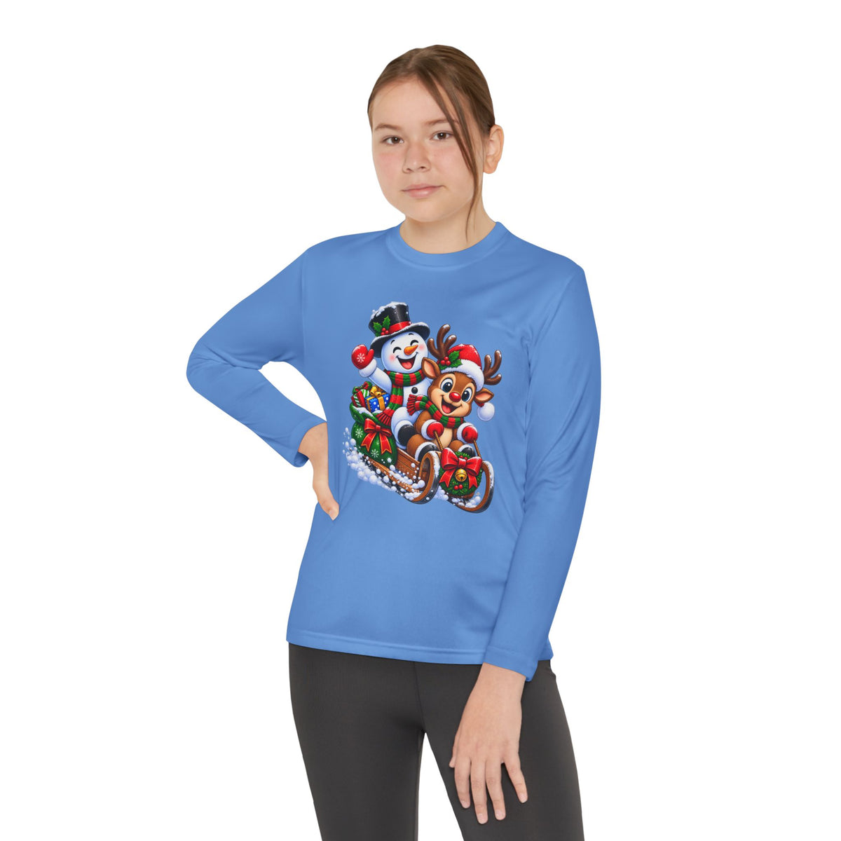 Kids' Christmas Sledding Tee — Snowman & Reindeer Holiday Long Sleeve