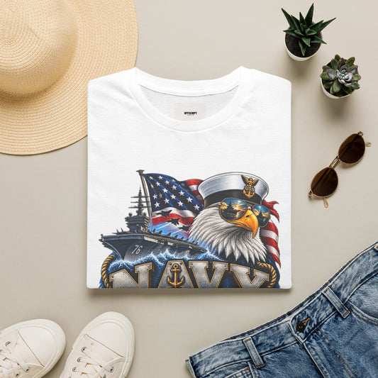 Navy Veteran Eagle T‑Shirt – Patriotic American Flag & Battleship Design