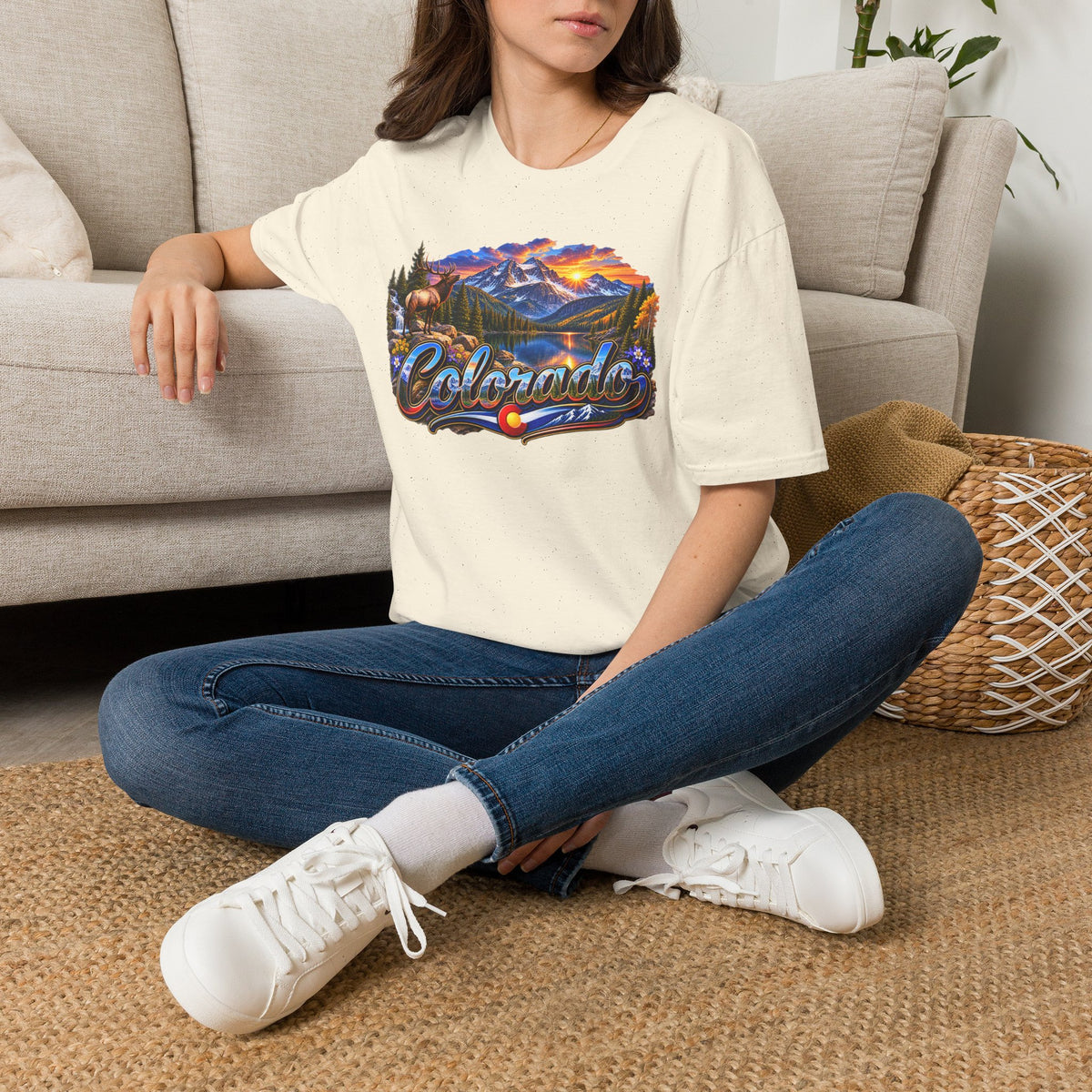 Colorado Scenic T‑Shirt — Mountain Sunset Landscape with Elk and State Script