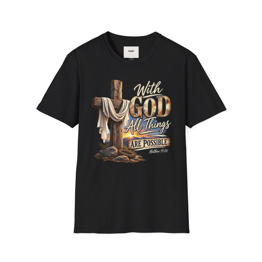 With God All Things Are Possible T‑Shirt — Christian Cross Faith Shirt