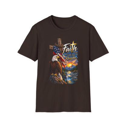 Faith Eagle T-Shirt — 'Faith Makes The Impossible Possible' Patriotic Cross Design