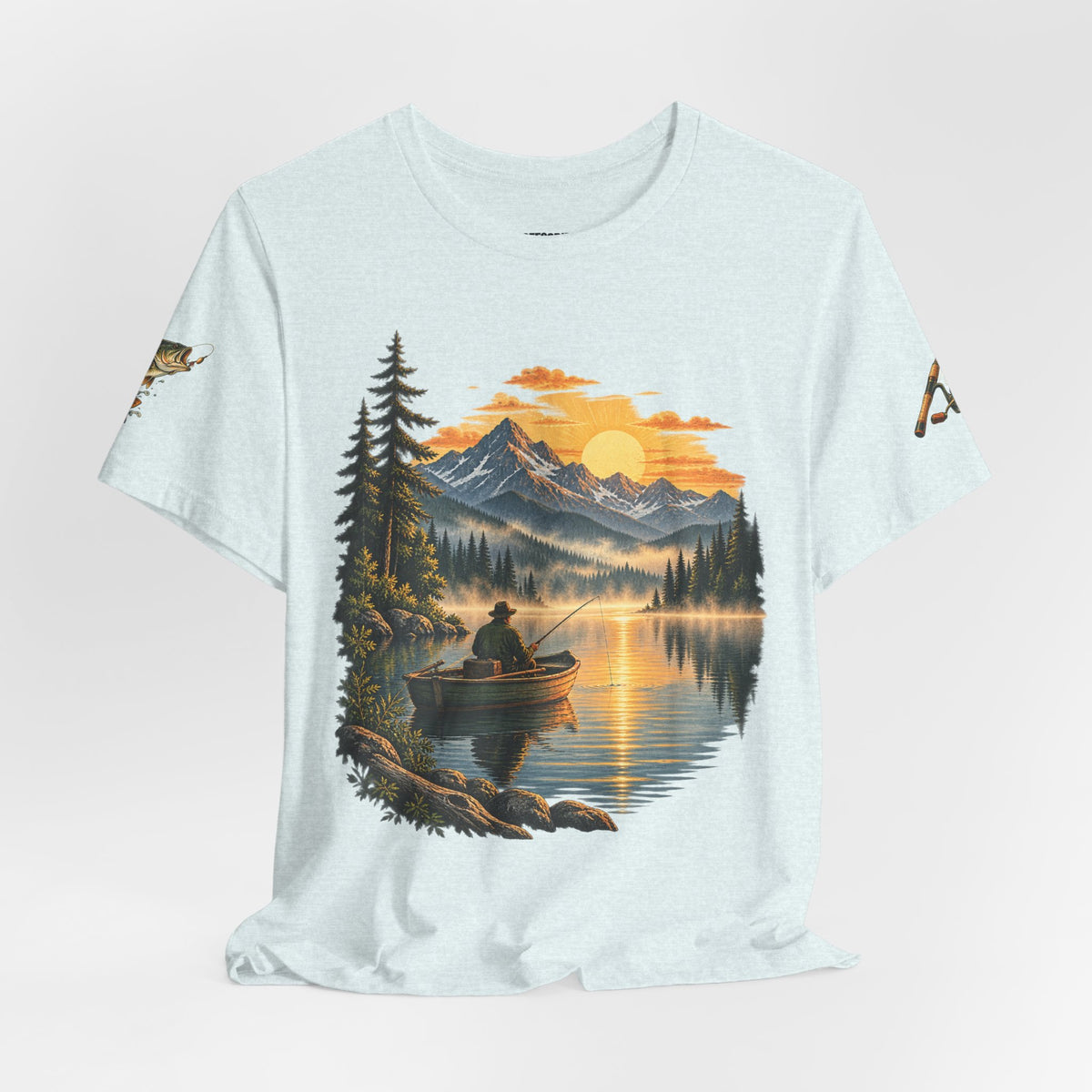 Sunset Lake Fishing T-Shirt — Mountain Boat Fishing Graphic Tee