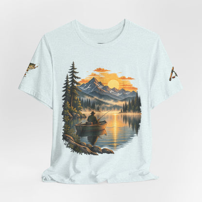 Sunset Lake Fishing T-Shirt — Mountain Boat Fishing Graphic Tee