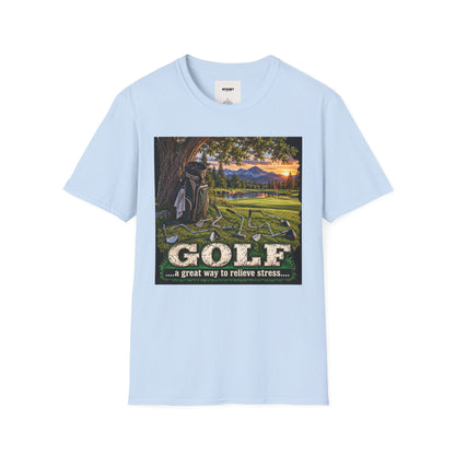 Golf Relaxation T-Shirt — "GOLF: a great way to relieve stress" Scenic Sunset Design