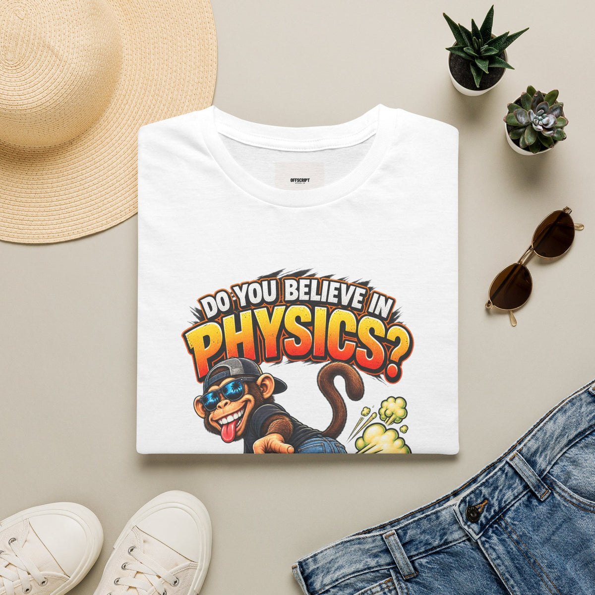 Physics Joke T-Shirt — "Do You Believe in Physics?" Monkey Pull My Finger Graphic Tee