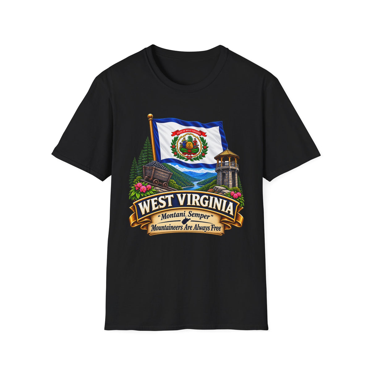 West Virginia Flag T-Shirt — State Pride Scenic Design ("Mountaineers Are Always Free")