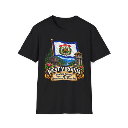 West Virginia Flag T-Shirt — State Pride Scenic Design ("Mountaineers Are Always Free")