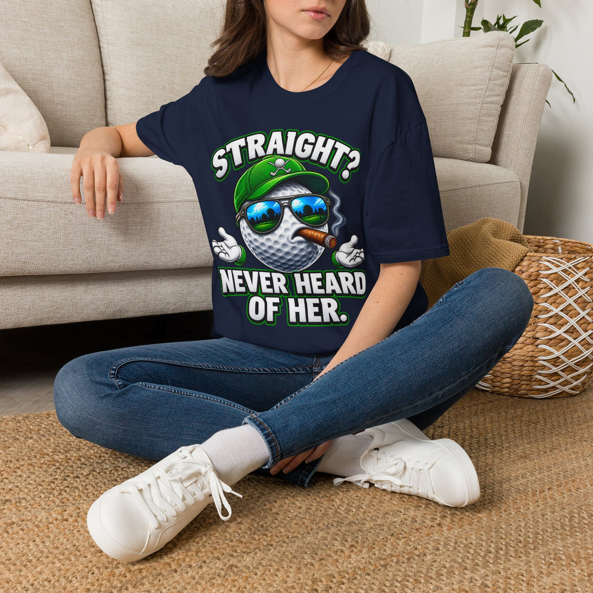 Golf Ball Graphic T-Shirt — "Straight? Never Heard of Her." Funny Golf Shirt