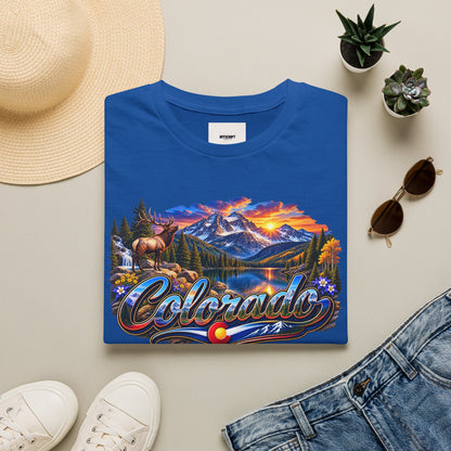 Colorado Scenic T‑Shirt — Mountain Sunset Landscape with Elk and State Script