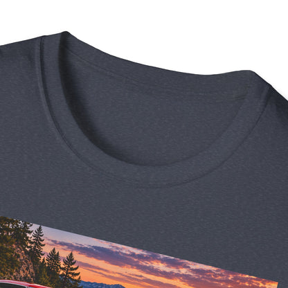 Classic Red Muscle Car T-Shirt — Vintage Pontiac Sunset Driving Tee