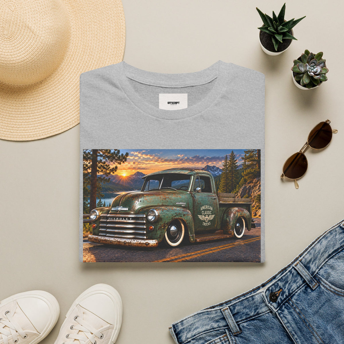 Vintage Green Pickup Truck T-Shirt — Retro Rustic Sunset Road Tee