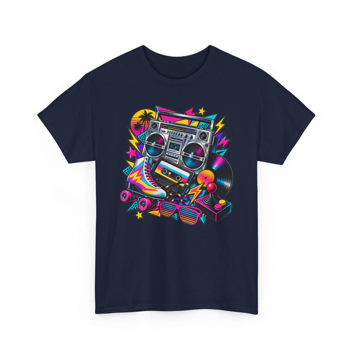 Retro Boombox Tee — 80s Neon Music Graphic T-Shirt