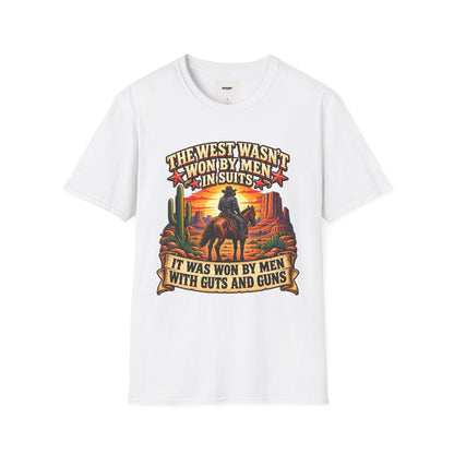 Western Graphic T-Shirt — “The West Wasn’t Won by Men in Suits” Cowboy Sunset Tee