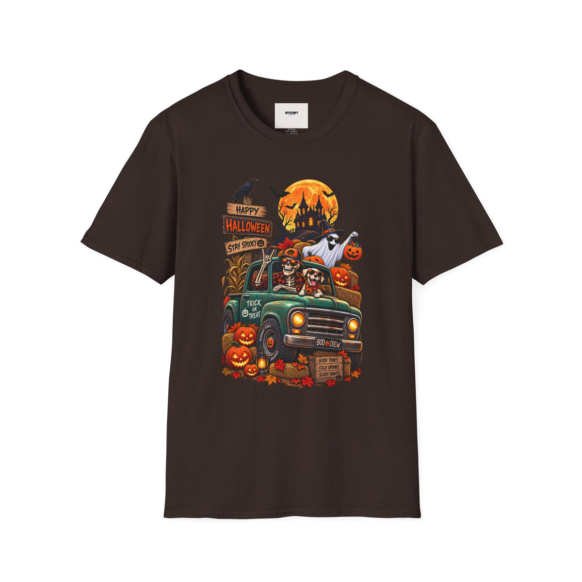 Halloween Truck Graphic T‑Shirt — Happy Halloween Ghosts & Pumpkins Design