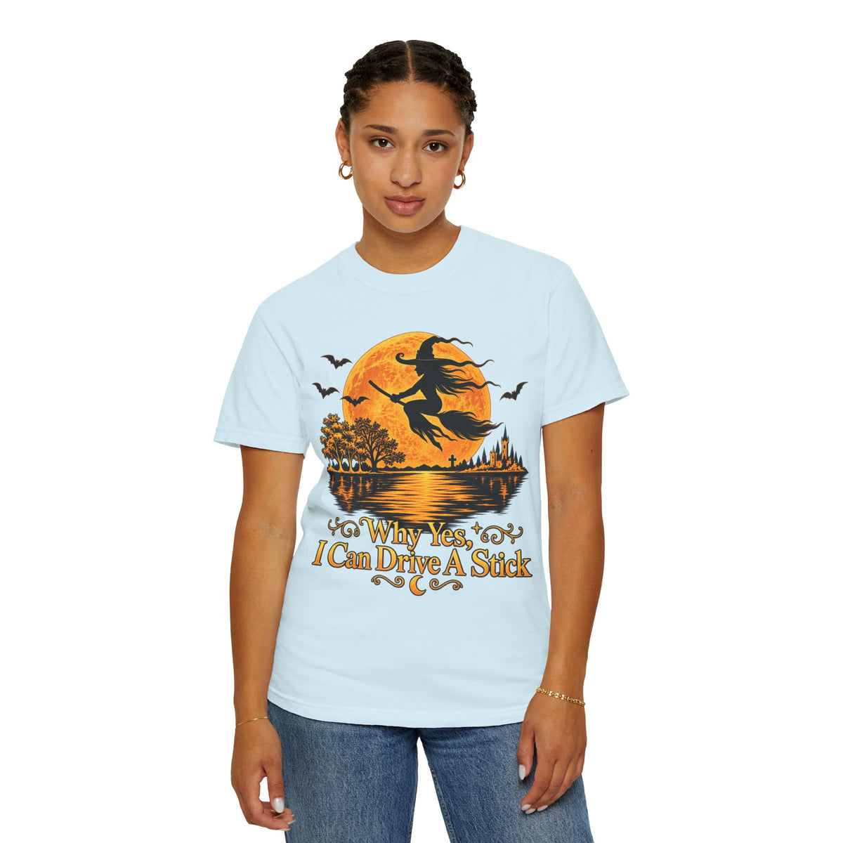 Witch Flying Over Moon T-Shirt – "Why Yes, I Can Drive A Stick" Halloween Tee