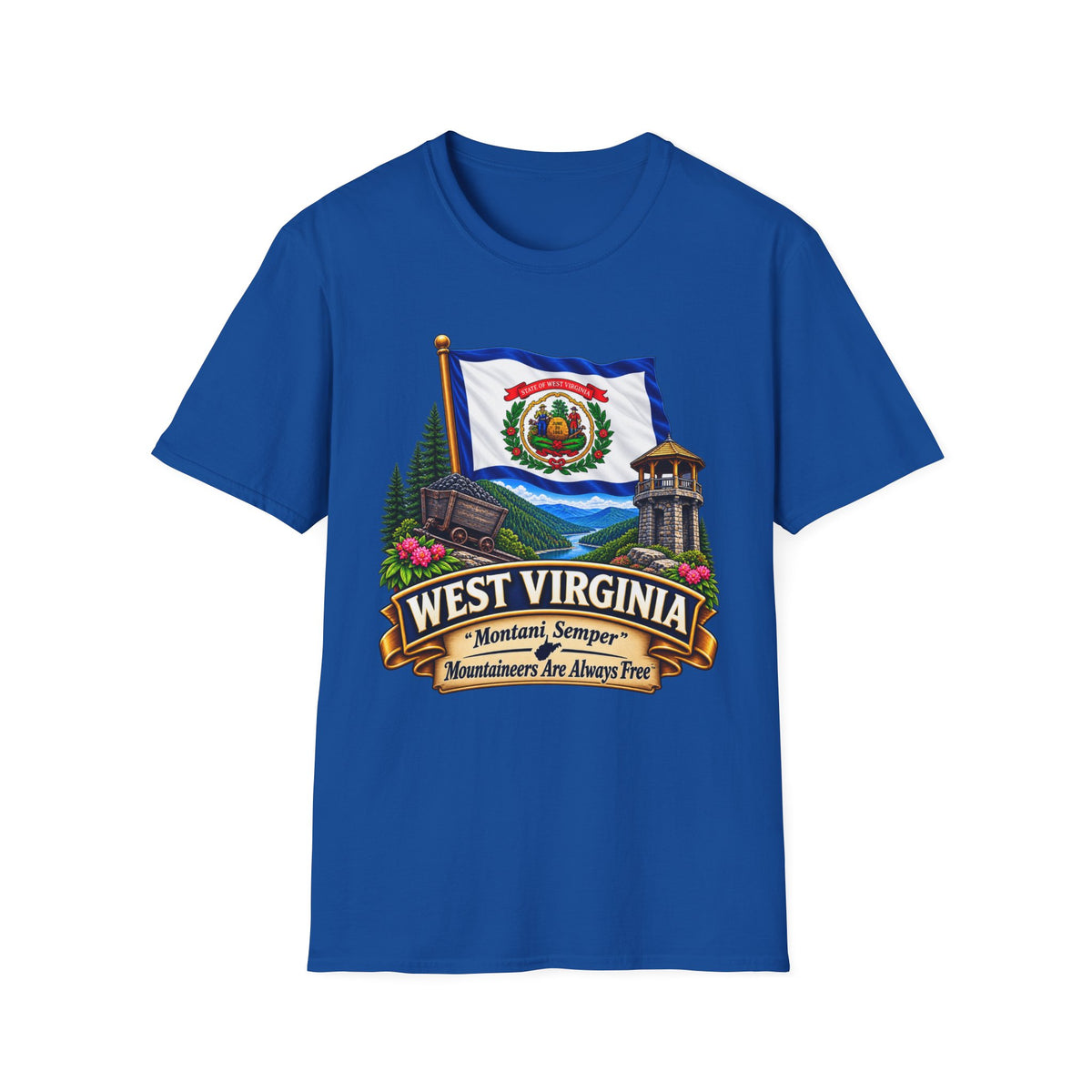West Virginia Flag T-Shirt — State Pride Scenic Design ("Mountaineers Are Always Free")