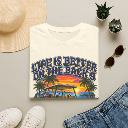 Golf T-Shirt — "Life Is Better on the Back 9" Sunset Golf Cart Design