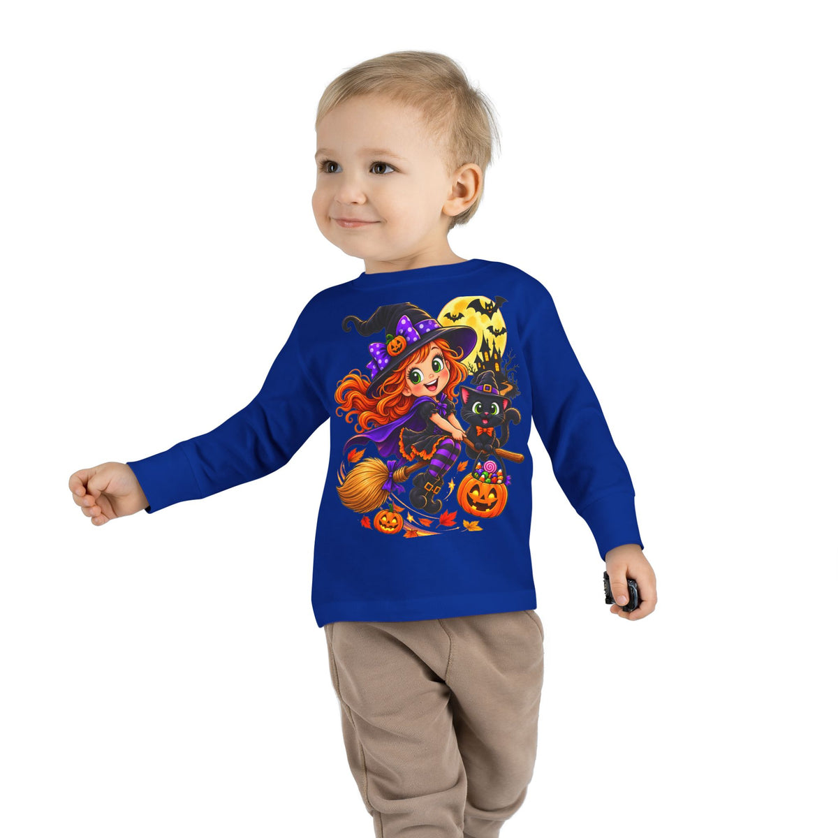 Toddler Halloween Witch Long Sleeve Tee — Cute Witch & Black Cat Pumpkin Design