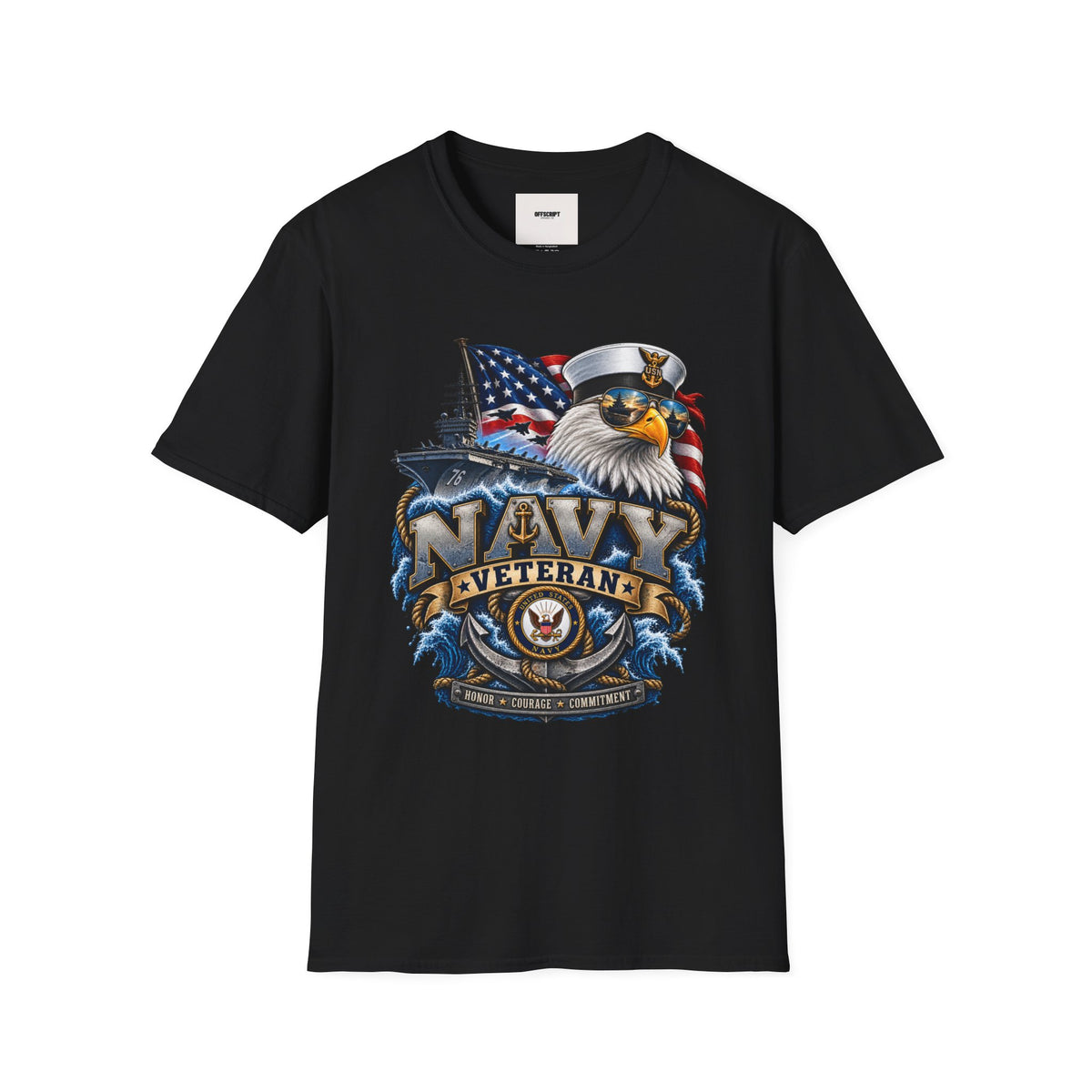 Navy Veteran Eagle T‑Shirt – Patriotic American Flag & Battleship Design