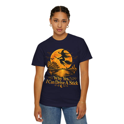 Witch Flying Over Moon T-Shirt – "Why Yes, I Can Drive A Stick" Halloween Tee