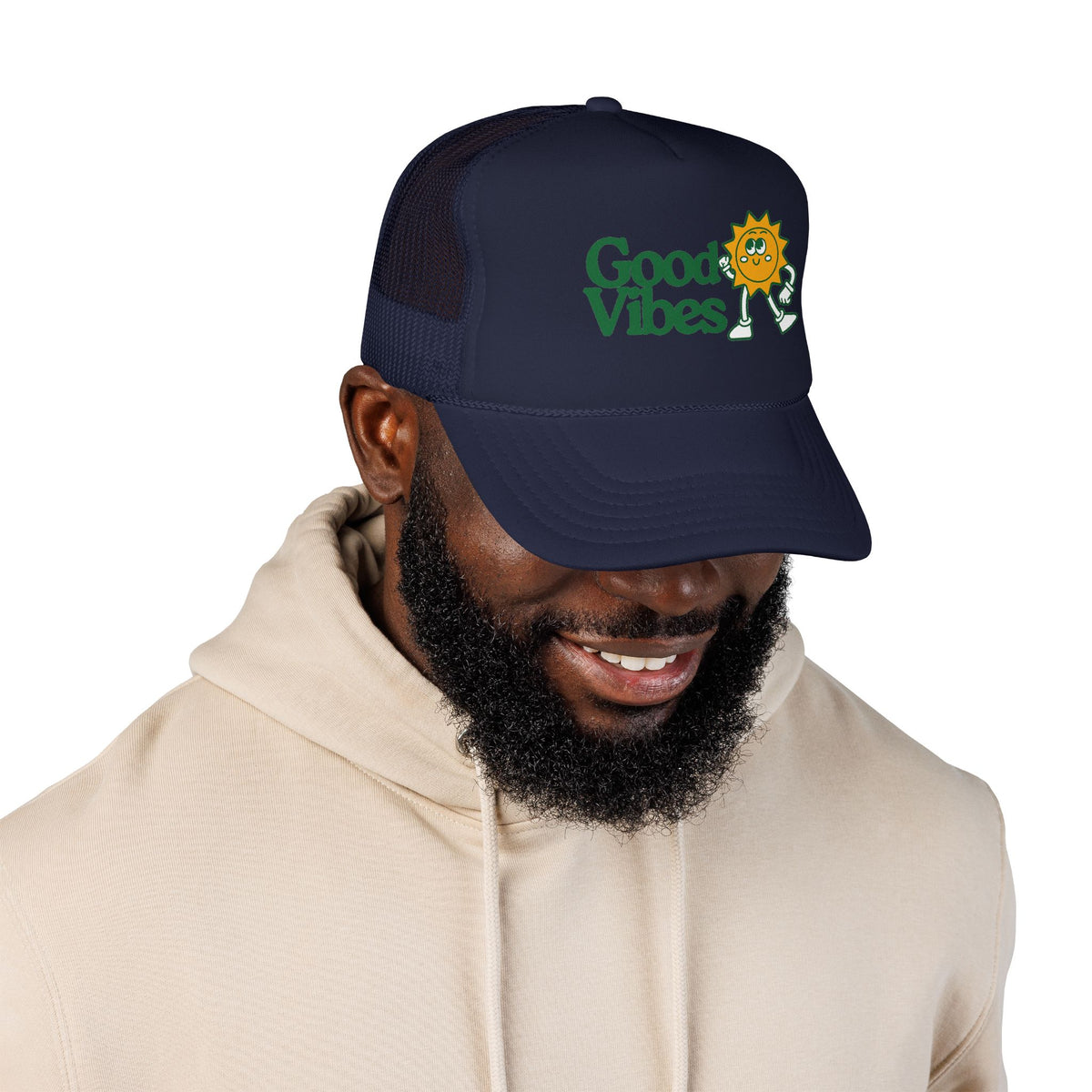 Good Vibes Sun Trucker Hat — Retro Sunny Graphic Foam Cap