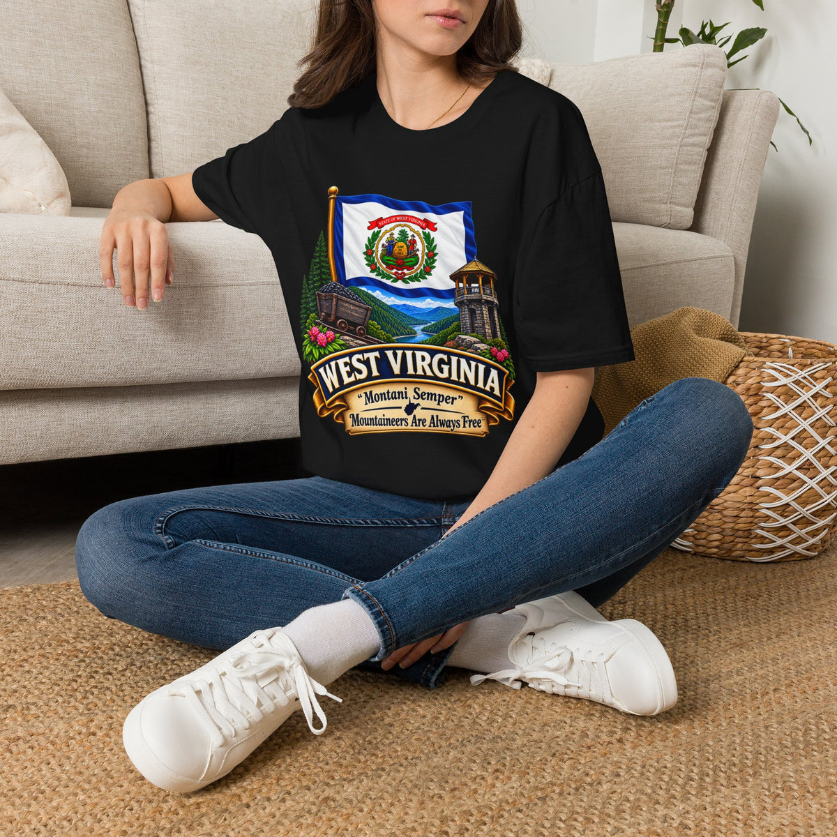 West Virginia Flag T-Shirt — State Pride Scenic Design ("Mountaineers Are Always Free")