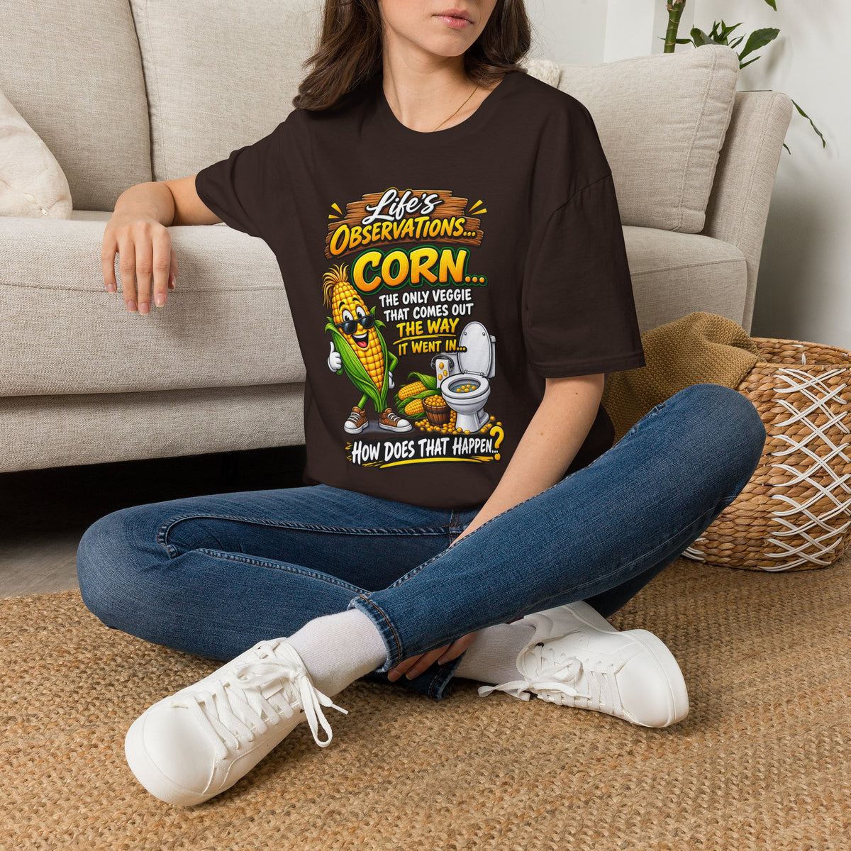 Life’s Observations: Corn Funny Graphic T-Shirt — 'Corn: The Only Veggie That Comes Out the Way'
