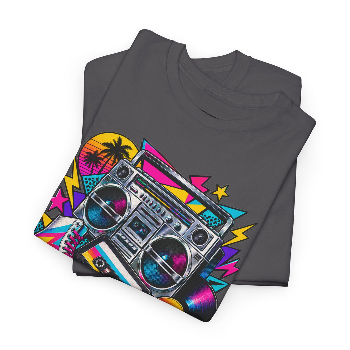 Retro Boombox Tee — 80s Neon Music Graphic T-Shirt