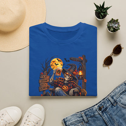 Halloween Skeleton Lounge T-Shirt — "Eat Drink & Be Scary" Graphic Tee