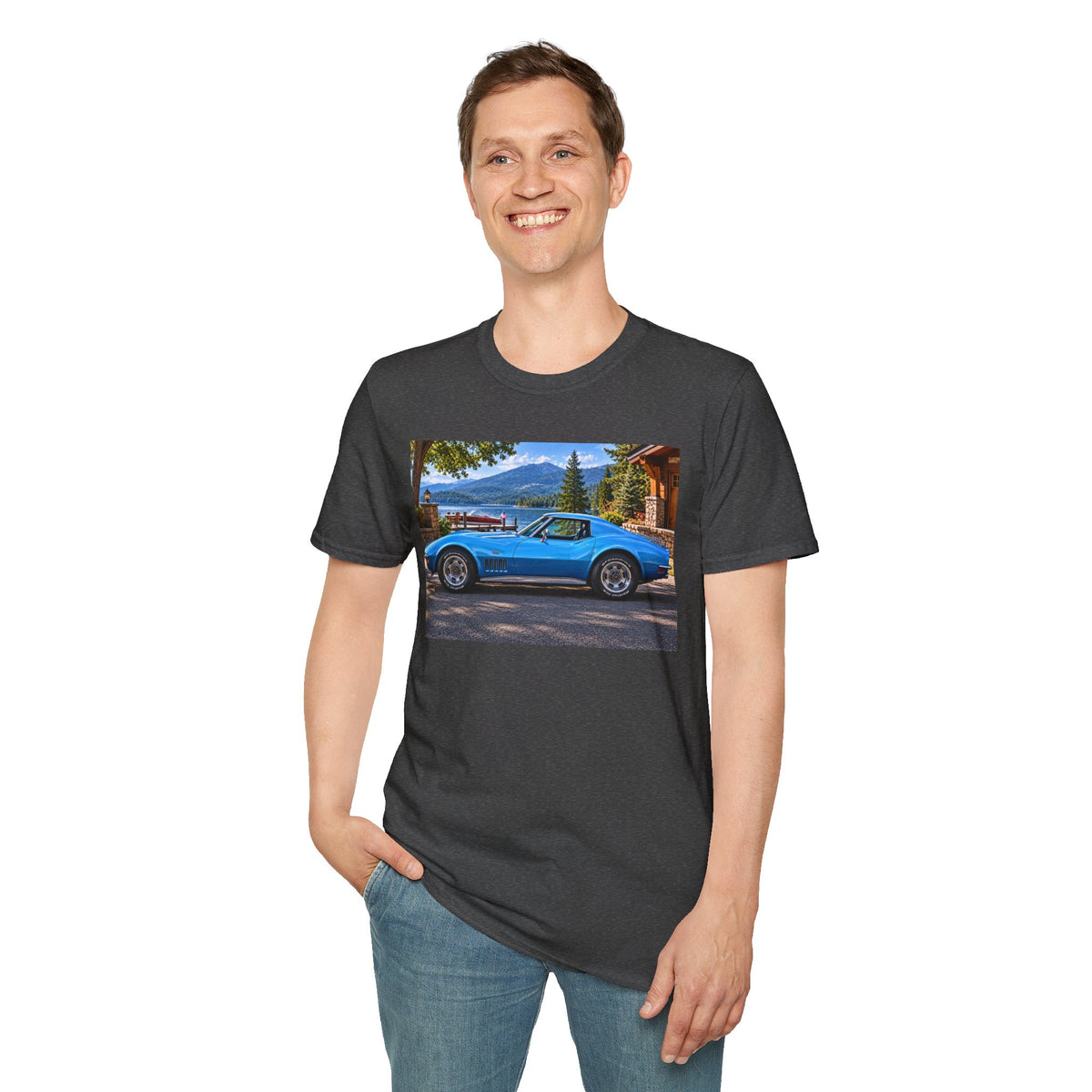 1968 Chevrolet Corvette Stingray Graphic T‑Shirt — Blue Classic Car Lakefront Print