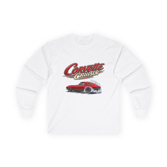 Corvette Cruisn Long Sleeve Tee — Vintage Red Muscle Car Graphic