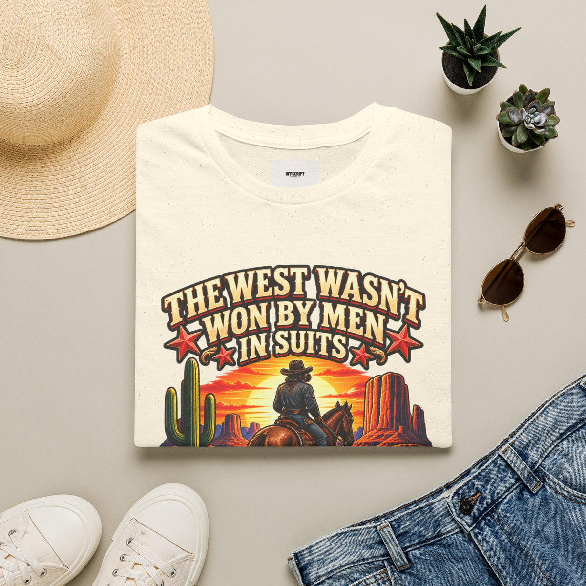 Western Graphic T-Shirt — “The West Wasn’t Won by Men in Suits” Cowboy Sunset Tee