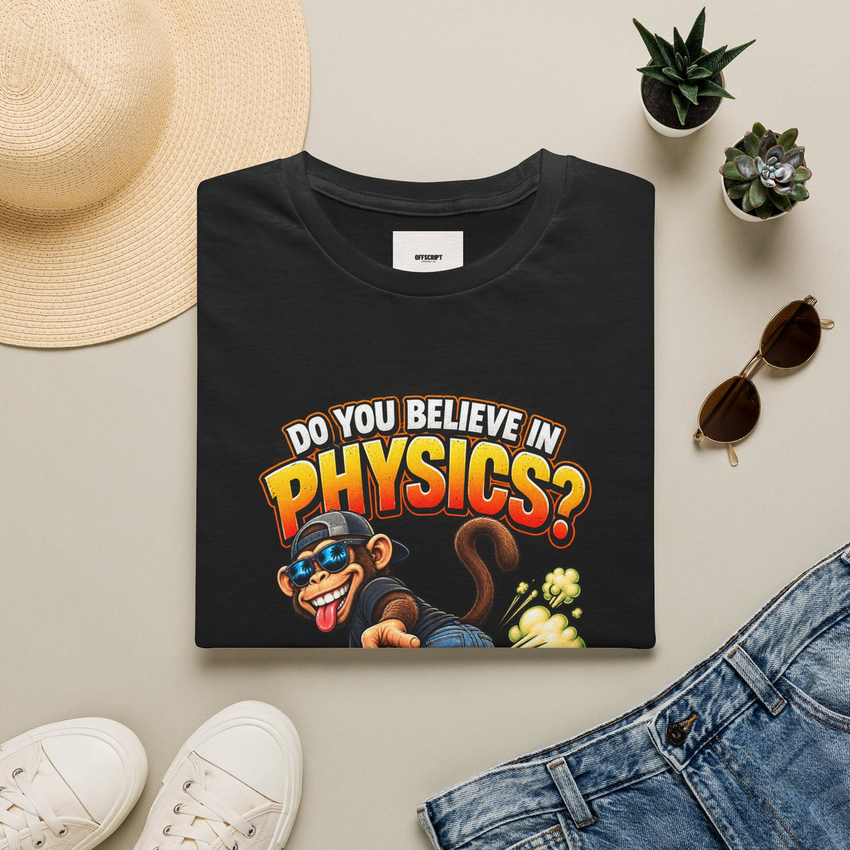 Physics Joke T-Shirt — "Do You Believe in Physics?" Monkey Pull My Finger Graphic Tee
