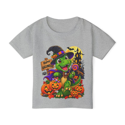 Toddler Halloween Dino T‑Shirt – Cute Witch Dino with Pumpkins & "Happy Halloween" Design