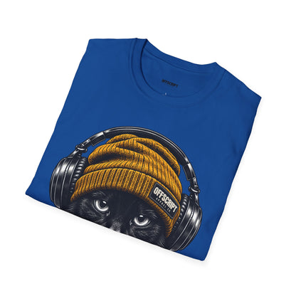 Cat Headphones T-Shirt — Cool Black Cat with Beanie & Headphones Graphic