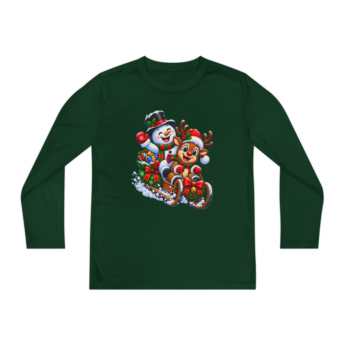 Kids' Christmas Sledding Tee — Snowman & Reindeer Holiday Long Sleeve
