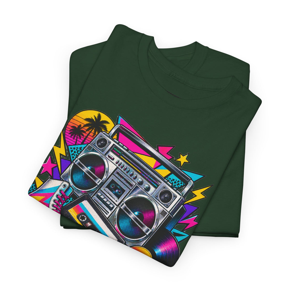 Retro Boombox Tee — 80s Neon Music Graphic T-Shirt