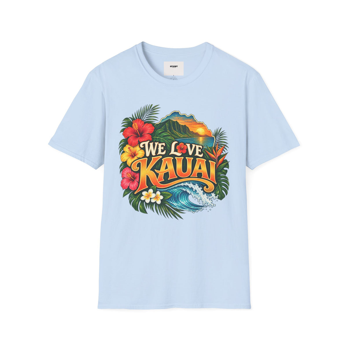 We Love Kauai T-Shirt — Hawaiian Island Sunset Floral Tee