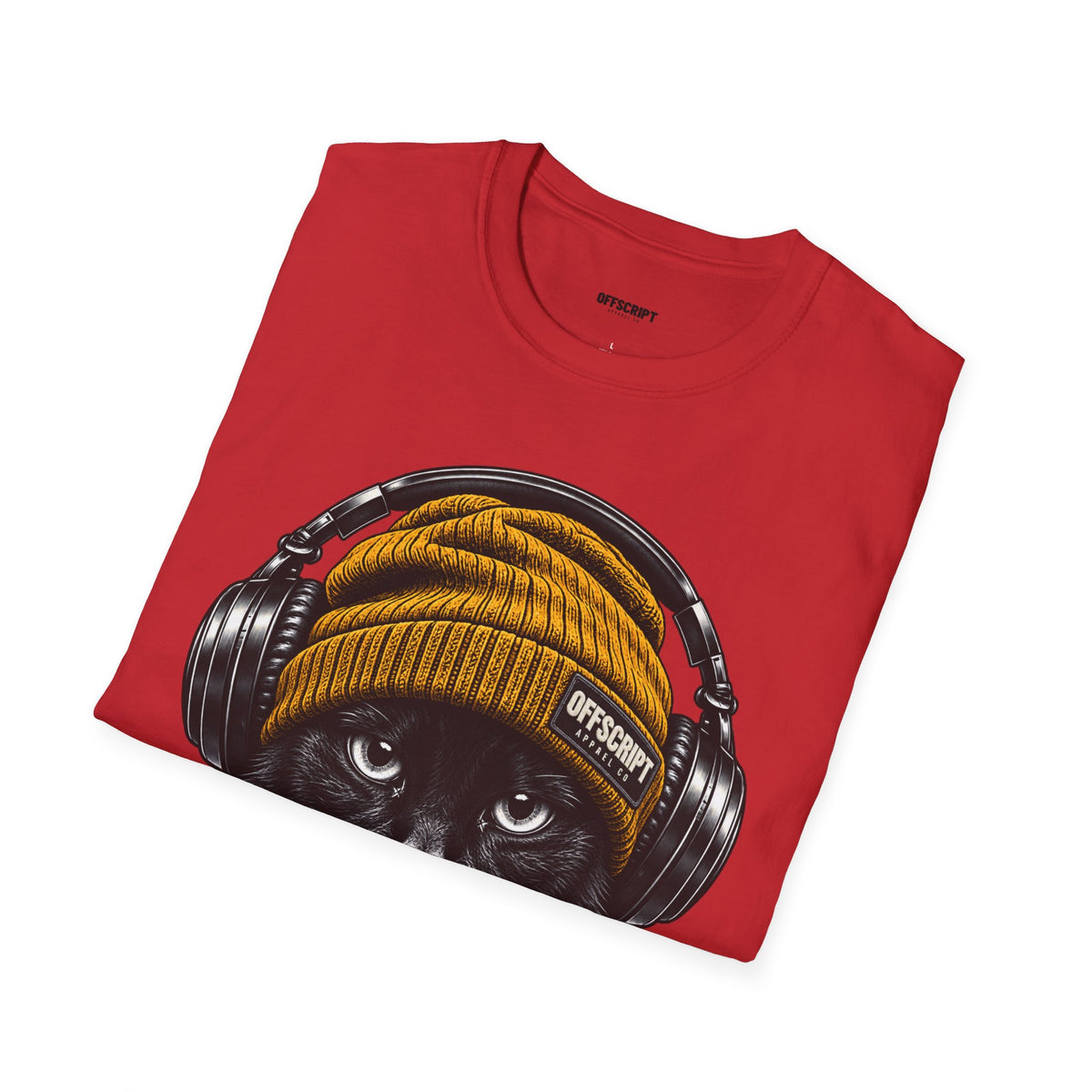 Cat Headphones T-Shirt — Cool Black Cat with Beanie & Headphones Graphic