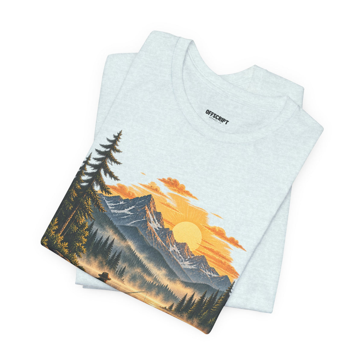 Sunset Lake Fishing T-Shirt — Mountain Boat Fishing Graphic Tee