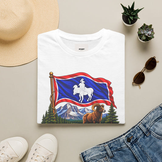 Wyoming Flag T-Shirt — Cowboy & Bison Mountain Scenic Tee