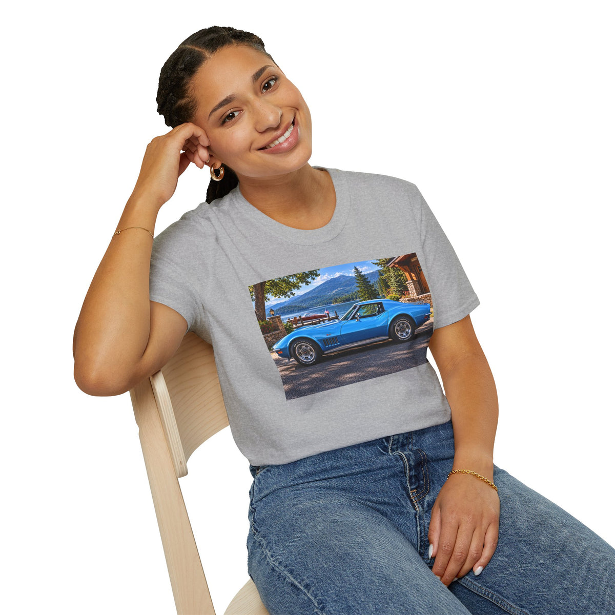 1968 Chevrolet Corvette Stingray Graphic T‑Shirt — Blue Classic Car Lakefront Print